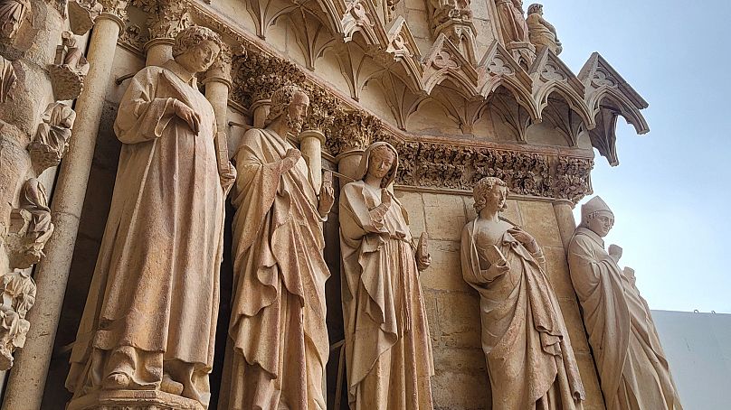Carved figures at the cathedral in Reims. 