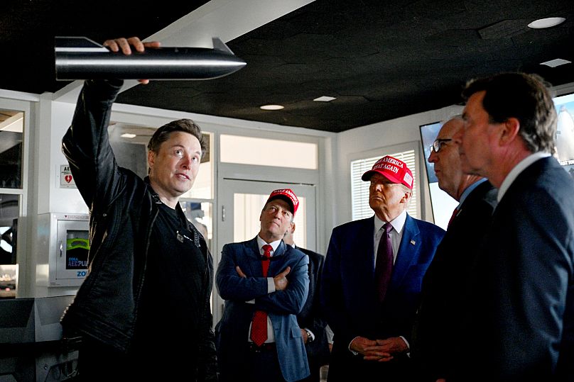파일 - 도널드 트럼프 대통령 당선자가 2024년 11월 19일 SpaceX Starship 로켓의 여섯 번째 시험 비행 발사를 앞두고 일론 머스크가 운영에 대해 설명하는 것을 듣고 있다.<BR>