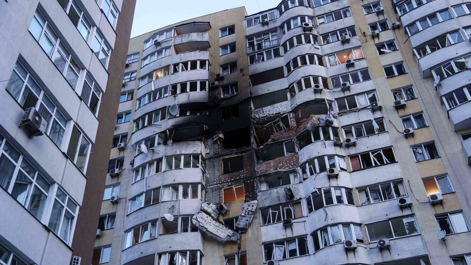 A residential multi-storey building is seen damaged after a Russian drone strike on Kyiv, Ukraine, on Friday, June 6, 2025.