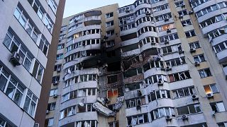 A residential multi-storey building is seen damaged after a Russian drone strike on Kyiv, Ukraine, on Friday, June 6, 2025.