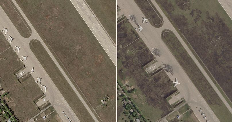 Imágenes de satélite de Planet Labs PBC muestra la Base Aérea de Belaya antes de un ataque de drones ucranianos y los daños del después. (Planet Labs PBC vía AP)