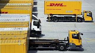 A transfer truck arrives at the DHL Mega Parcel Center in Ludwigsfelde near Berlin, Germany.