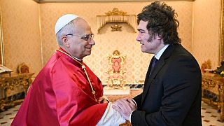 Pope Leo XIV meets with Argentina's President Javier Milei on the occasion of a private audience, at the Vatican, Saturday, June 7, 2024.
