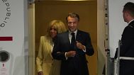 FILE - French President Emmanuel Macron and his wife Brigitte Macron disembark upon arrival in Jakarta, Indonesia, Tuesday, May 27, 2025. (AP Photo/Achmad Ibrahim)