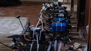 FPV drones are ready to be fired at Russian positions from a shelter in the direction of Kostyantynivka, Donetsk region, Ukraine, Friday 23 May 2025.