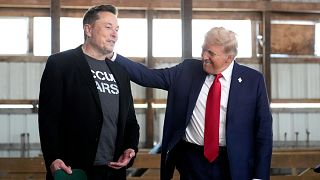 Then-Republican presidential nominee and now President Donald Trump, right, and Tesla and SpaceX CEO Elon Musk at a campaign event in 2024.
