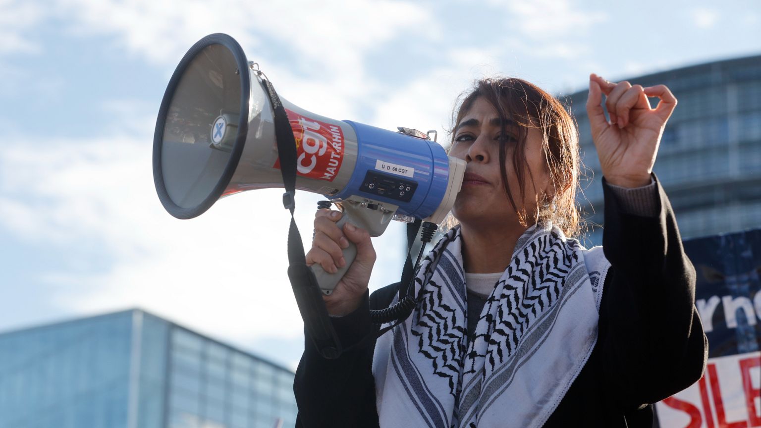 Member of European Parliament Rima Hassan speaks during a pro-Palestinian demonstration outside the European Parliament in Strasbourg, France