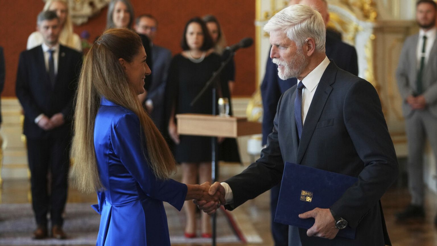 Czech Republic's President Petr Pavel, right, appoints Eva Decroix, left, as new Justice Minister at the Prague Castle in Prague, June 10, 2025