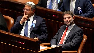 Israeli right wing Knesset member Itamar Ben Gvir and Bezalel Smotrich during the swearing-in ceremony for Israeli lawmakers at the Knesset in Jerusalem, Nov. 15, 2022.