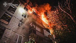 In this photo provided by the Ukrainian Emergency Service, a view after a Russian attack that hit a residential building in Kharkiv, Ukraine, Wednesday, June 11, 2025.