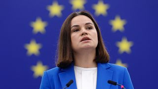 Exiled Belarusian opposition leader Sviatlana Tsikhanouskaya delivers a speech at the European Parliament on Sept. 13, 2023, in Strasbourg, France. 