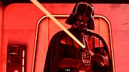 A Darth Vader costumed character poses at the Hasbro and Amazon Star Wars interactive Imperial March experience at the Empire State Building, New York. 21 March 2024.