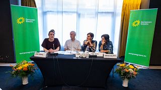 Terry Reintke, Ciarán Cuffe, Vula Tsetsi and Benedetta De Marte opening the European Green Party meeting on 13 June 2025 in Brussels, Belgium.