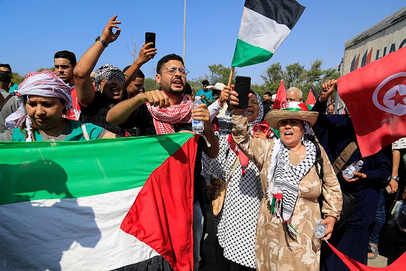 Members of a humanitarian convoy of at least 1,500 people travel toward Gaza in Zawiya in Libya, 10 June, 2025