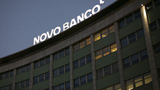 The logo of the Novo Banco bank is lit on the roof of one of their buildings in Lisbon. 3 September 2020.