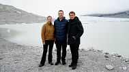 French President Emmanuel Macron, Danish Prime Minister Mette Frederiksen, and Greenlandic leader Jens-Frederik Nielsen at a glacier in Greenland, Sunday, June 15, 2025.