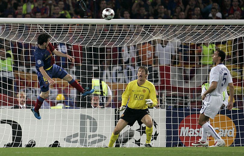 Lionel Messi scores with a header during a UEFA Champions League football match between Barcelona and Manchester United in Rome in May, 2009.