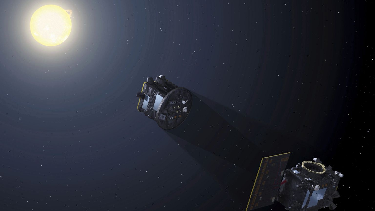 This image provided by the European Space Agency depicts the two spacecraft of the Proba-3 mission aligning to create an eclipse to capture a coronagraph in space