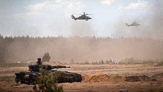 Eurocopters Tiger of the German Army take part in a Lithuanian-German division-level international military exercise in Lithuania on May 29, 2024. 
