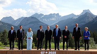 Leaders of the G7 pose for a family photo during the G7 Summit, in Kananaskis, Alberta, Monday, June 16, 2025