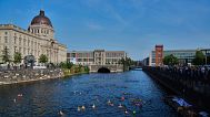 People swim in the river Spree to demand the lift of the hundred years old swimming ban at the river.