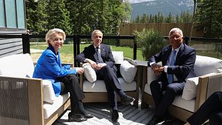 The European Commission's Ursula von der Leyen, Canada's Mark Carney, the European Council's António Costa at the G7 summit in Canada, June 16, 2025.