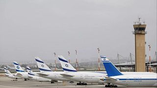 FILE: In this 10 March, 2020 photo, Israeli El Al planes are parked at Ben Gurion Airport near Tel Aviv, Israel.
