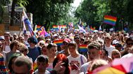 Participants march during the 29th Budapest Pride parade in Budapest, Hungary.