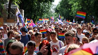 Participants march during the 29th Budapest Pride parade in Budapest, Hungary.