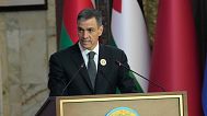 Spanish Prime Minister Pedro Sanchez gives his speech in the 34th Arab League summit, in Baghdad, Iraq, Saturday, May 17, 2025
