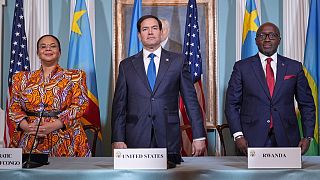FILE - Secretary of State Marco Rubio with Congo's Foreign Minister Therese Kayikwamba Wagner and Rwanda's Foreign Minister Olivier Nduhungirehe in Washington, April 25, 2025.
