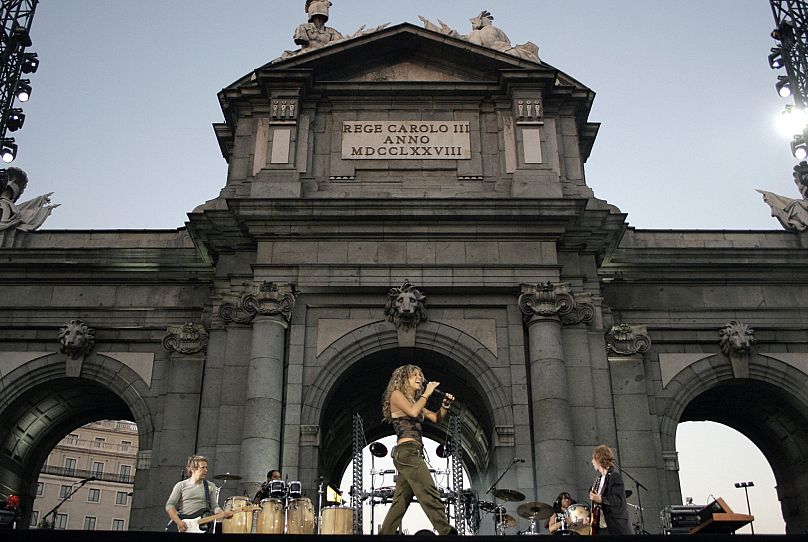 Colombian singer Shakira performed at the Puerta de Alcala monument to promote Spain's 2012 Olympic bid 