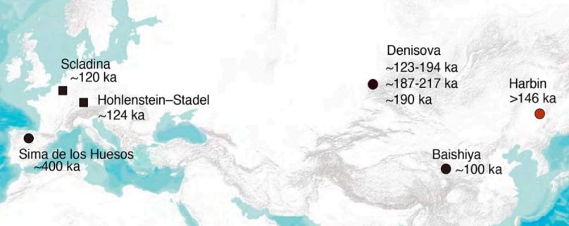 The dates and sites where human DNA from individuals older than 100 ka has been retrieved.
