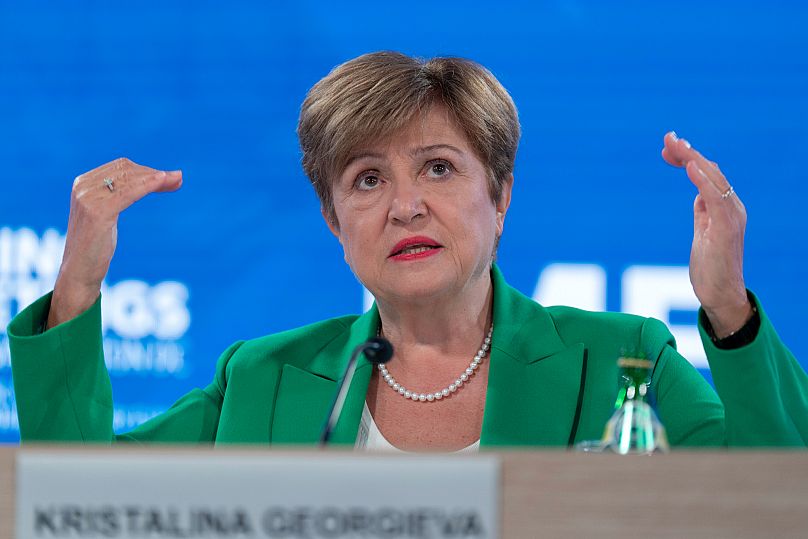 Kristalina Georgieva s'exprime lors d'une conférence de presse au siège du Fonds monétaire international (FMI) à Washington, aux États-Unis, le jeudi 24 avril 2025
