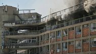 Smokes rises from a building of the Soroka hospital complex after it was hit by a missile fired from Iran in Beersheba, Israel, Thursday, June 19, 2025. 