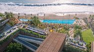 A drone shot of the Potato Head hotel from above.