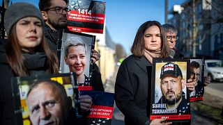 a protest demanding freedom for political prisoners in Belarus, in front of the Belarus Embassy, in Vilnius, Lithuania, Friday, March 8, 2024