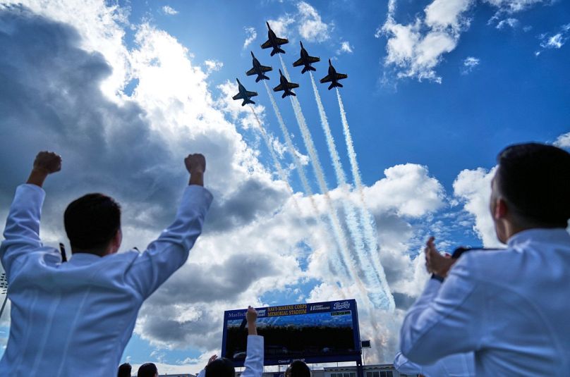 Los Ángeles Azules, formalmente conocidos como Escuadrón de Exhibición Aérea de la Marina de los EE.UU., Maryland, viernes 23 de mayo de 2025.