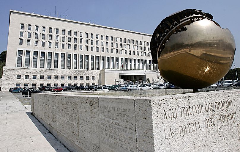 A spherical bronze sculpture by Italian artist Arnaldo Pomodoro - Italian Foreign Ministry Farnesina building, in Rome