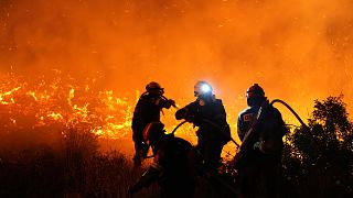 Firefighters battle with a large wildfire burning in Kofinas, on the eastern Aegean island of Chios, Greece