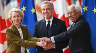 The European Commission's Ursula von der Leyen, Canadian Prime Minister Mark Carney, and the European Council's Antonio Costa before a summit in Brussels on 23 June 2025.