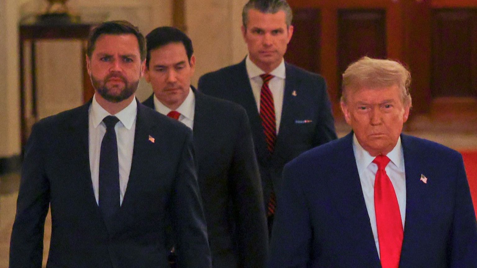 US President Trump, Vice President Vance, State Secretary Rubio, Defence Secretary Hegseth arrive in the White House's East Room to speak to reporters, June 21, 2025