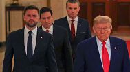 US President Trump, Vice President Vance, State Secretary Rubio, Defence Secretary Hegseth arrive in the White House's East Room to speak to reporters, June 21, 2025