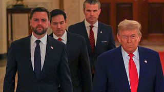 US President Trump, Vice President Vance, State Secretary Rubio, Defence Secretary Hegseth arrive in the White House's East Room to speak to reporters, June 21, 2025