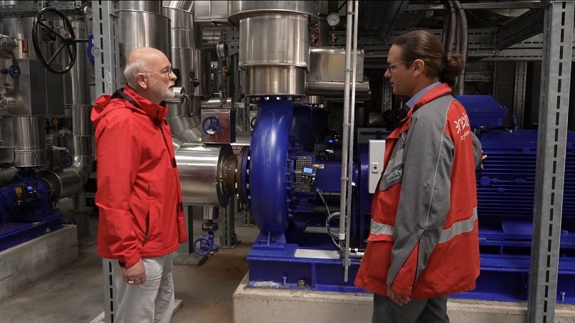 Dr Manfred Schüle, Enercity Contracting’s managing director with a colleague inside the energy station standing alongside the pumping system that powers the district heating
