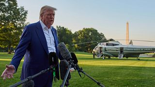 President Donald Trump speaks with reporters before boarding Marine One on the South Lawn of the White House, 24 June, 2025