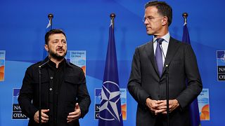 Ukraine's President Volodymyr Zelenskyy (R) and NATO Secretary General Mark Rutte on the sidelines of the NATO summit in The Hague, Netherlands, June 24, 2025.