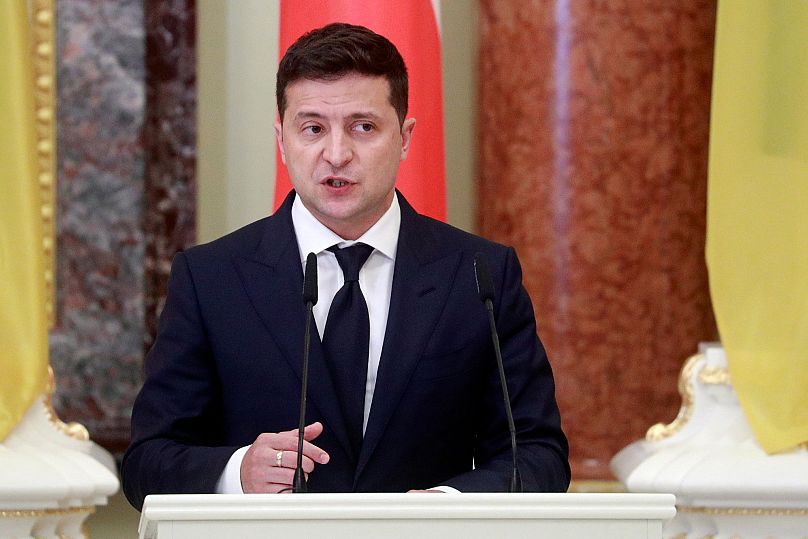 Ukrainian President Volodymyr Zelenskiy speaks during a joint news briefing with Polish President Andrzej Duda as they meet in Kyiv, 12 October, 2020