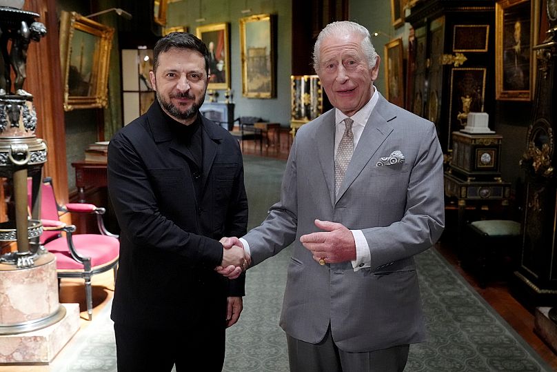 King Charles III shakes hands with Ukrainian President Volodymyr Zelenskyy during their private audience at Windsor Castle, 23 June, 2025