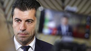  Bulgaria's Prime Minister Kiril Petkov speaks with the media as he arrives for an EU summit in Brussels, Thursday, June 23, 2022. 